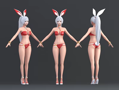 Female Character With Red Rabbit Ears Long White Hair And Red Bikini In Three Angles 3d model