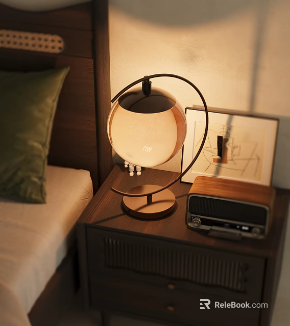 Elegant Table Lamp On Wooden Bedside Table With Radio In Cozy Bedroom Setting 3d model 