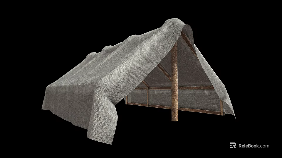 Public Facility Simple Shelter With Wooden Posts And Fabric Roof 3d model 