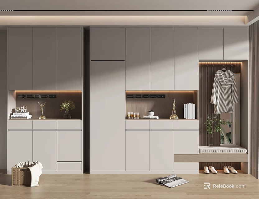 Modern Light Gray Shoe Cabinet With Hanging Area Bench And Decorative Plants 3d model 