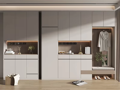 Modern Light Gray Shoe Cabinet With Hanging Area Bench And Decorative Plants 3d model
