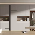 Modern Light Gray Shoe Cabinet With Hanging Area Bench And Decorative Plants