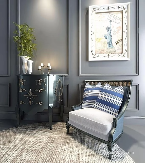 Single Sofa With Blue Striped Pillows In Gray Room Black Floral Cabinet Green Plant 3d model 