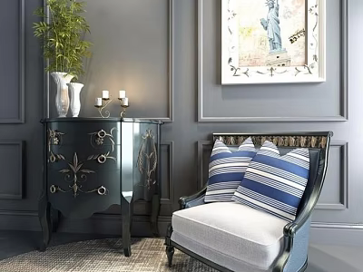 Single Sofa With Blue Striped Pillows In Gray Room Black Floral Cabinet Green Plant 3d model