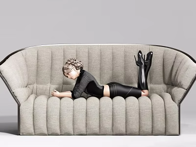 Large Light Gray Striped Curved Sofa With Black Trim And Person Lying On 3d model