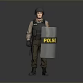 Police Officer In Tactical Gear Holding Riot Shield And Baton