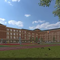 Red Brick School Building Featuring Multistory Windows Playground Trees Blue Sky And White Clouds