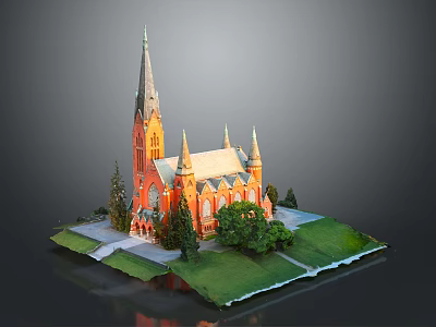 Cartoon Scene Featuring a Church with Tall Spires Red Gold Exterior Green Grass and Trees 3d model