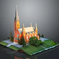 Cartoon Scene Featuring a Church with Tall Spires Red Gold Exterior Green Grass and Trees