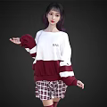 Woman Wearing White And Burgundy Striped Sweater With BARE Lettering And Plaid Skirt