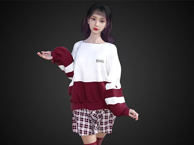Woman Wearing White And Burgundy Striped Sweater With BARE Lettering And Plaid Skirt 3d model