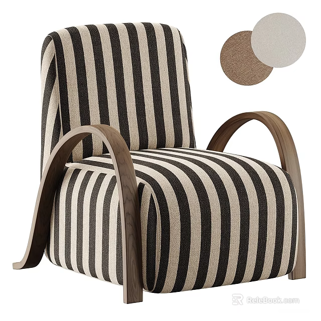 Stylish Striped Accent Chair With Curved Wooden Armrests And Linen Fabric 3d model 