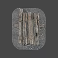 Train Scene with Pile of Old Charred Decayed Wood Logs on Gravel Ground