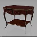 Ornate Red Table With Striped Top Gold Accents Drawers Lower Shelf And Curved Legs