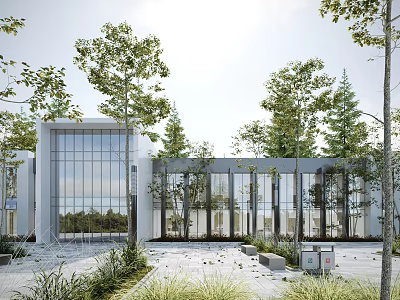Modern Sales Office Building With Glass Facade And Surrounding Green Trees 3d model