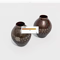Two Dark Brown Ceramic Vases With Intricate Gold Dot Patterns On White Background 3d model