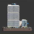 Cartoon Style City Scene with Tall Glass Buildings Helicopter on Rooftop Street Vehicles and Greenery