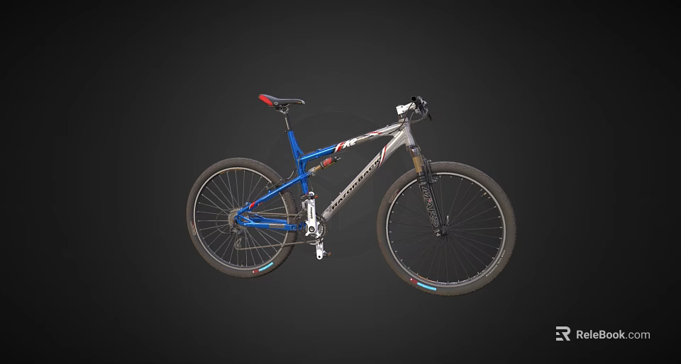 Stylish Mountain Bicycle With Blue And Silver Frame Red Saddle Suspension Fork And Large Wheels 3d model 