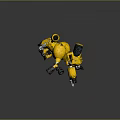 Yellow Robot Character With Green Eyes And Mechanical Arms Holding Weapons
