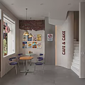 Modern Cafe Interior With Red Door Windows Brick Wall Posters And Blue Chairs