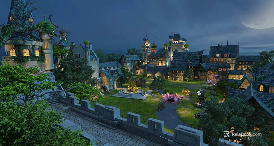 Ancient Architecture Complex With Castle Towers Stone Courtyards And Illuminated Gardens 3d model 