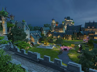 Ancient Architecture Complex With Castle Towers Stone Courtyards And Illuminated Gardens 3d model