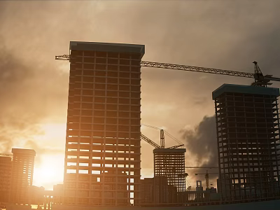 Industrial Factory Construction Site With Cranes And Sunset Sky Over High Rise Buildings 3d model