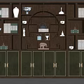 Chinese Style Wooden Decorative Cabinet With Green Doors And Shelves Holding Vases Teapot Books