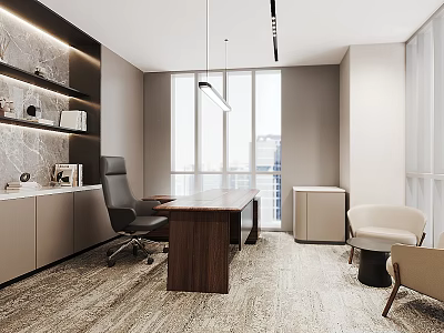 Modern Office Interior With Wooden Desk Black Office Chair White Armchair And Large Windows 3d model