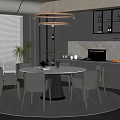 Modern Restaurant Interior With Round Dining Table Chairs Pendant Light and Kitchen Area 3d model