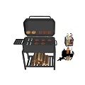 Portable Outdoor Grill With Burgers Sausages And Condiment Bottles Near Wood Logs