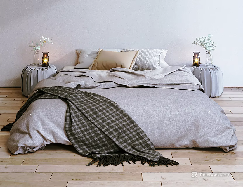 Cozy Double Bed Setup With Plaid Blanket Pillows Bedside Tables Vases And Candles 3d model 