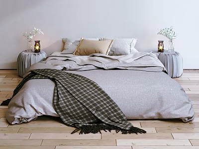 Cozy Double Bed Setup With Plaid Blanket Pillows Bedside Tables Vases And Candles 3d model