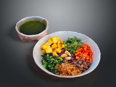Colorful Fresh Food Bowl with Mango Carrots Green Vegetables Beans Sprouts and Green Sauce 3d model