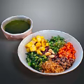 Colorful Fresh Food Bowl with Mango Carrots Green Vegetables Beans Sprouts and Green Sauce