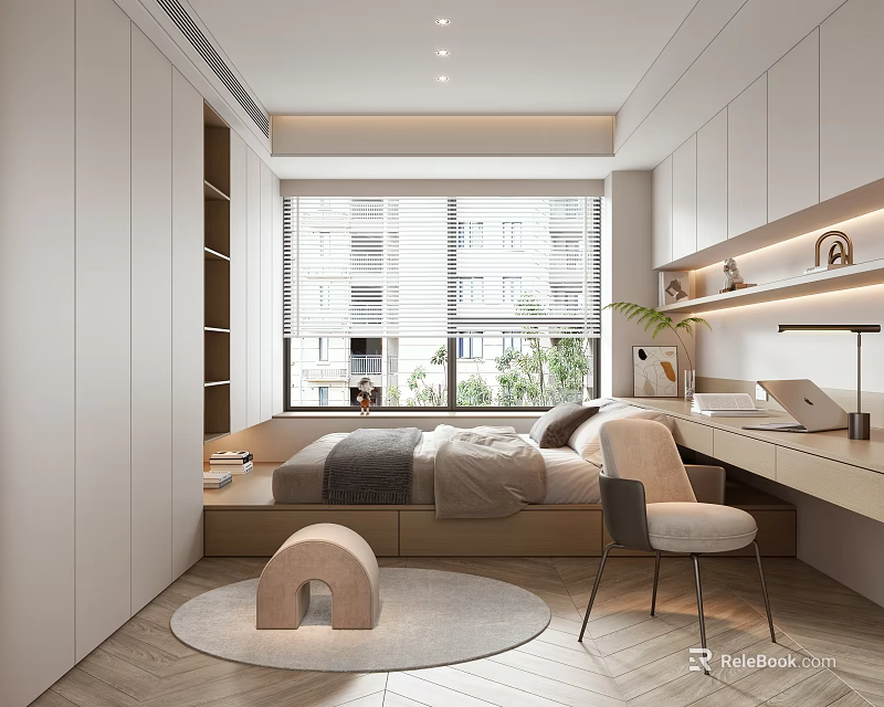Modern Tatami Bedroom Interior Design With Bed Desk Chair Storage And Window 3d model 