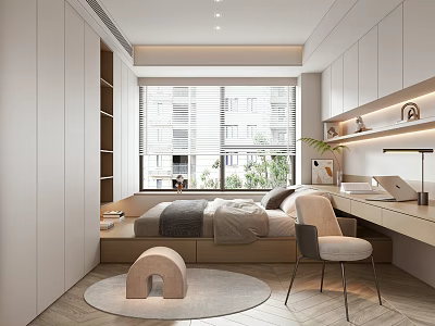 Modern Tatami Bedroom Interior Design With Bed Desk Chair Storage And Window 3d model