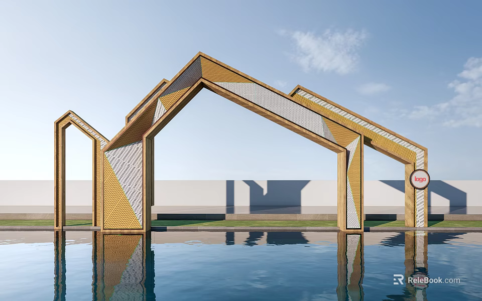 Modern Golden Geometric Arch Installation With Water Reflection Under Blue Sky 3d model 
