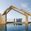 Modern Golden Geometric Arch Installation With Water Reflection Under Blue Sky 3d model