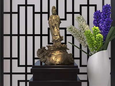Golden Figure Sculpture On Wooden Base With Decorative Flowers And Lattice Screen 3d model