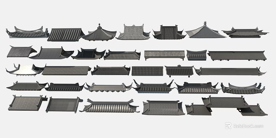 Ancient Chinese Traditional Roof Components Featuring Various Styles And Eave Structures 3d model 