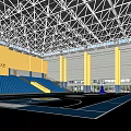 Modern Basketball Gym With Blue Floor Yellow Walls Bleachers And Metal Roof Structure
