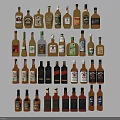 Different Kinds of Liquor Bottles and Glasses Displayed in Neat Rows with Diverse Designs