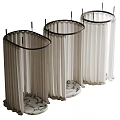 Pleated White Ceiling Draperies With Black Circular Frames And Suspended Design