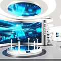 Modern Technology Exhibition Hall With Curved White Design Circular Ceiling Lights And Interactive Digital Displays