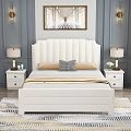 White Upholstered Double Bed With Nightstands Table Lamps Blue Walls And Area Rug