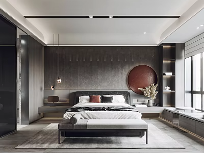 Modern Bedroom Interior With Dark Wooden Walls Circular Decor And Bench And Windows 3d model