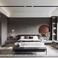 Modern Bedroom Interior With Dark Wooden Walls Circular Decor And Bench And Windows