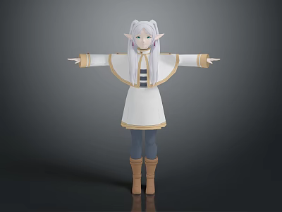 Fantasy Character With White Long Hair Elf Ears White Robe Gold Trim Blue Pants Boots 3d model