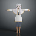 Fantasy Character With White Long Hair Elf Ears White Robe Gold Trim Blue Pants Boots